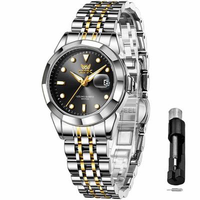 OPK Quartz and Date Luminous Stainless Steel Black and Gold Women's Watch, Fashionable, Popular, Casual, Gorgeous, Lightweight, Easy-to-Read, Display,