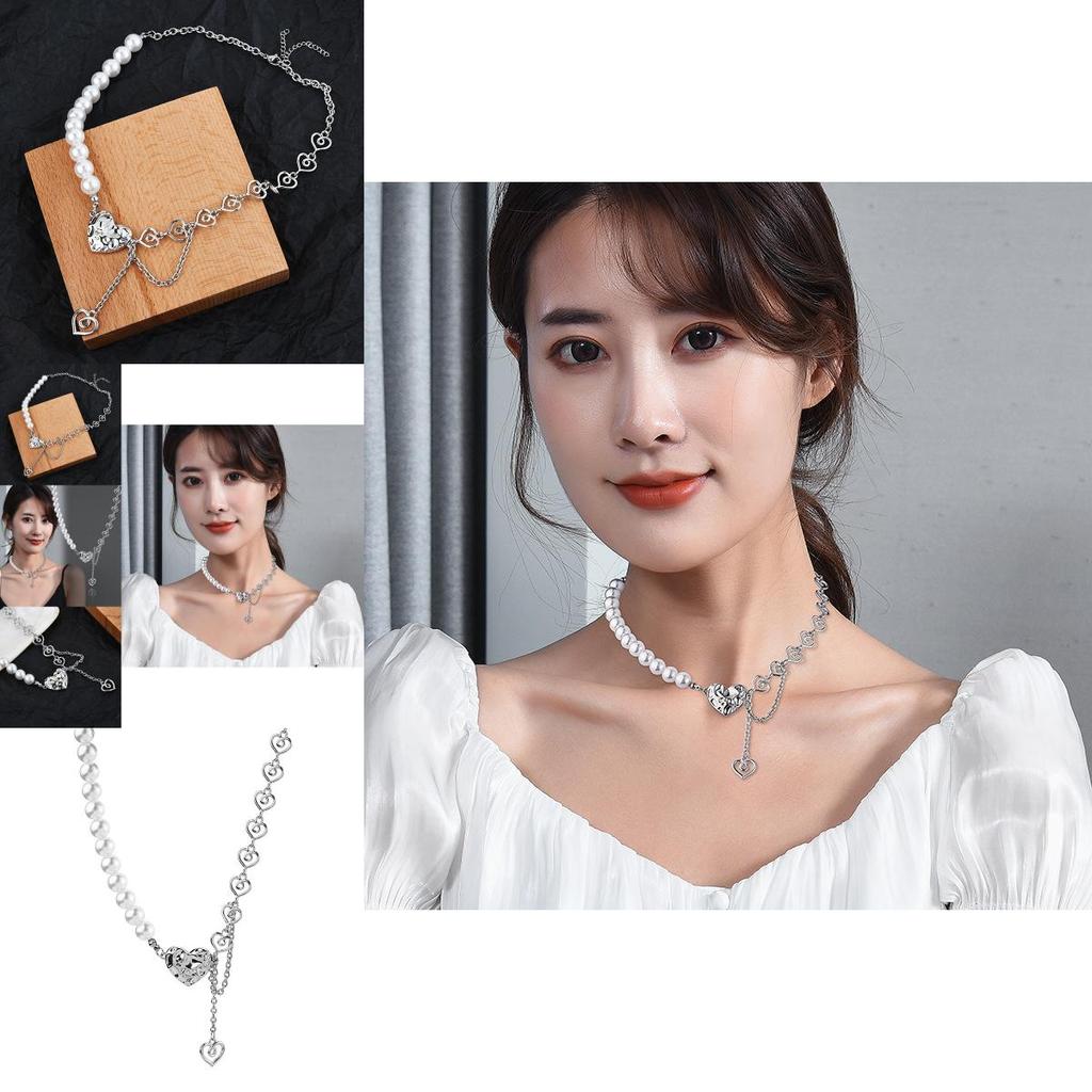 Elegant Korean Style Titanium Steel Heart Shaped Necklace With Pearl Chain Design