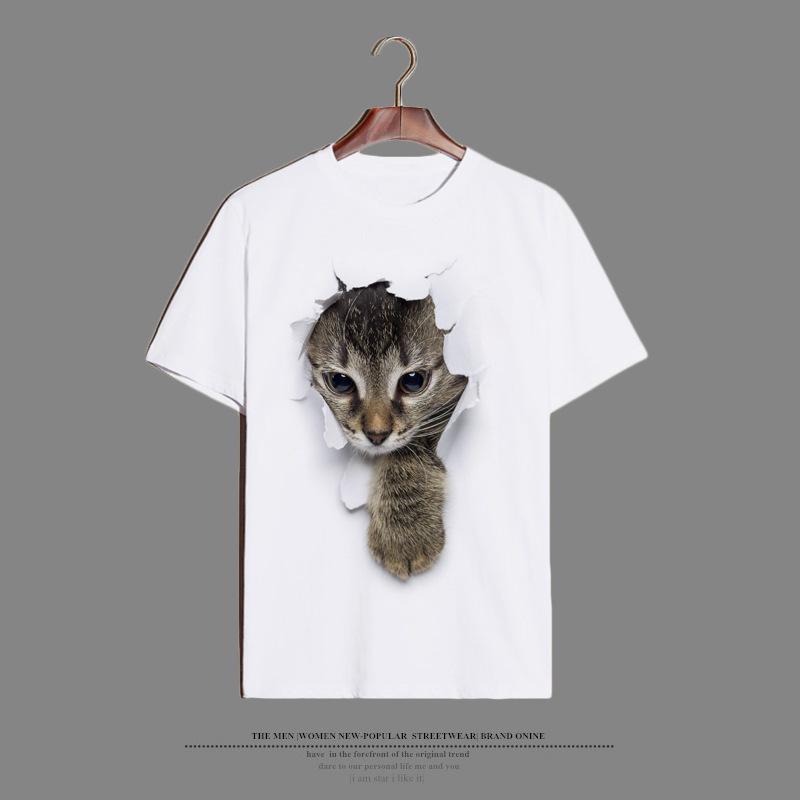 Cat Printed Oversized Loose Casual Cotton Round Neck Short Sleeved Shirt with Worn Clothes T-Shirts Women’s