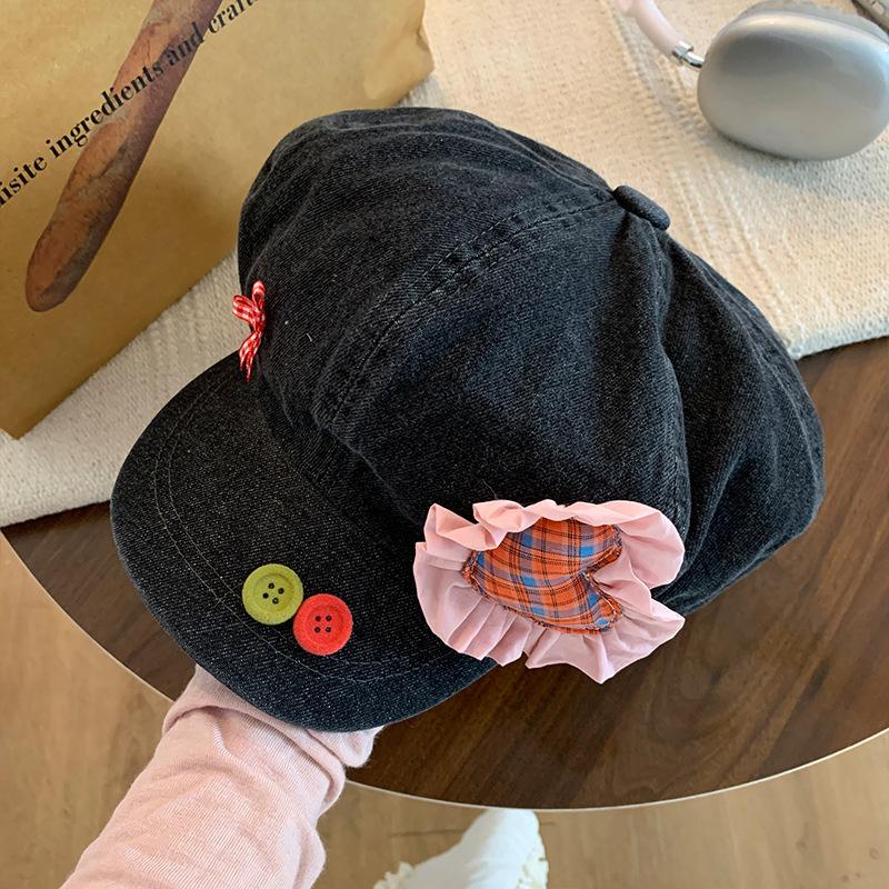 2025 Japanese Button Denim Beret Women's Summer Sweet and Cute Sunshade Love Cloud Octagonal Hat