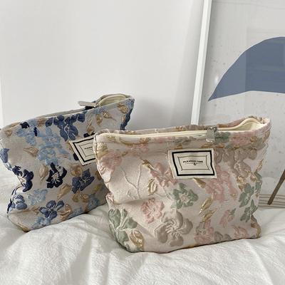 French Relief Flowers Print Cosmetic Bag Canvas Washing Bag Large Capacity