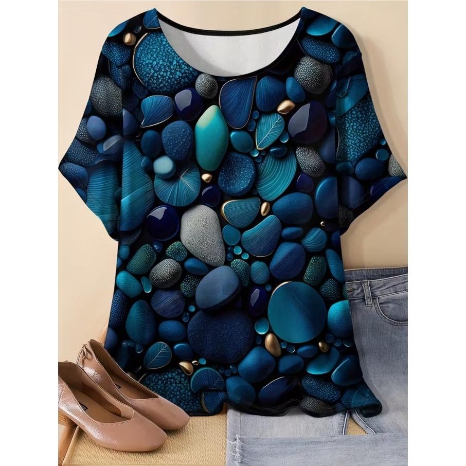 XL-7XL Nadměrná velikost Dámské ležérní tričko s 3D potiskem, volný střih s kulatým výstřihem a krátkým rukávem