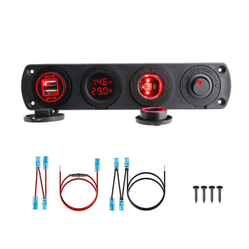 

Панель переключателей с 4 отверстиями, двойной светодиодный порт USB, гнездо прикуривателя 12 В, цифровой термометр, вольтметр для лодки, автомобиля, грузовика красный