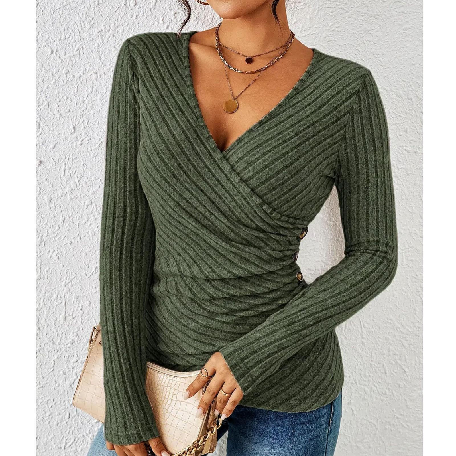 

Женский повседневный универсальный топ с V-образным вырезом, однотонный, с лацканами, с длинными рукавами, свободный топ с длинными рукавами XXL армия зеленый
