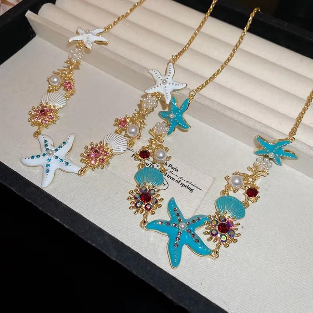 New Starfish Shell Pendant Chain Necklace Shining Retro Temperament Boho Choker Jewelry Bead Pearl Necklace Female Fashion