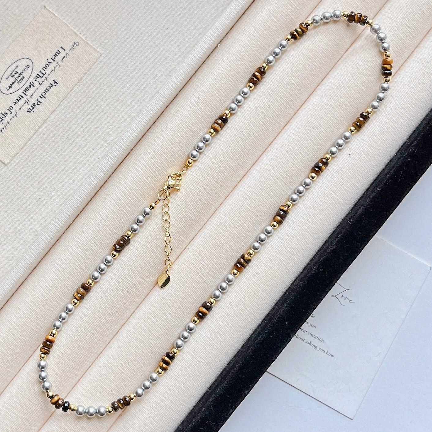 High Quality Platinum Gray Artificial Crystal Pearl Natural Tiger S Eye Necklace Clavicle Chain