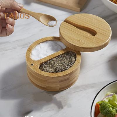 Manyetik Döner Kapaklı Bambu Baharat Saklama Kutusu Ahşap Tuzluk Biber Şeker Baharat Tutucu Yuvarlak Kap Kase Mutfak Aletleri