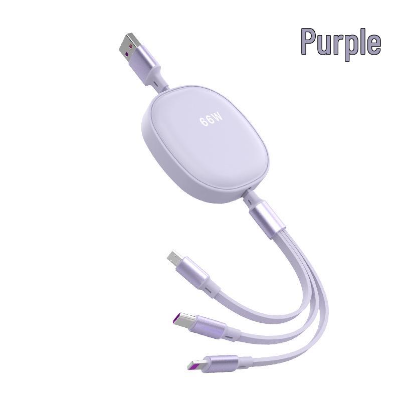 Three-in-One Retractable 6A Fast Charging Cable for Apple, Android, and Type-C Devices