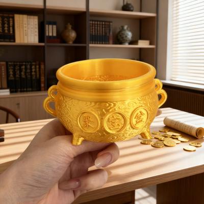 3D Printed Golden Treasure Bowl Wealth Prosperity Basin Figurine Bring Good Luck Fortune Money