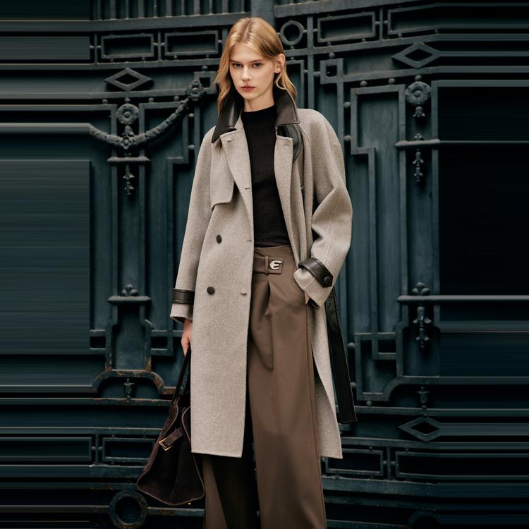 ELLE French Style High-End Lapel Warm Mid-Length Double-Breasted Coat Women coats Khaki-Green EN49678