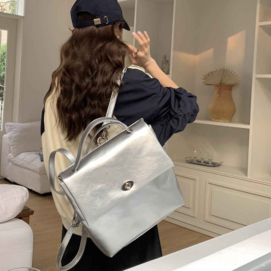 Simple large capacity commuter flip backpack for women korea shoulder bags casual travel work rucksacks silver/black bagpack sac