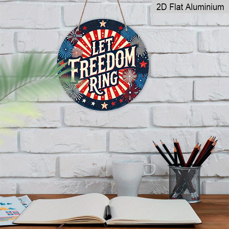 2D Flat, 1pc Round Aluminum Hanging Sign - "Let Freedom Ring" Patriotic Firework Metal Wall Art, Retro Red White Blue Starburst Design, Perfect for