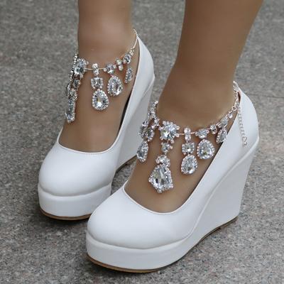 Ankle Strap Wedges Pumps Large Size Bridal Women Rhinestone Platform Shoes Mary Jane High Heels