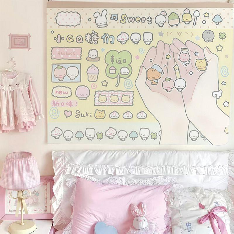 Kawaii Cartoon Stickers Tapestry Wall Hanging Pastel Pink Yellow Cute Characters Aesthetic Wall Art Bedroom Dorm Decor