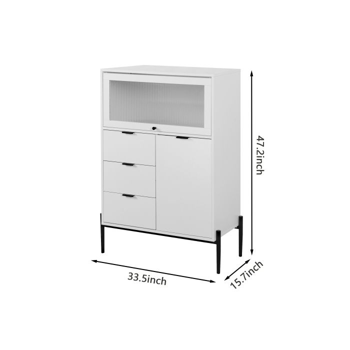 Buffet À Trois Tiroirs, Une Porte Et Une Porte Vitrée, Meuble En Bois Avec Espace De Rangement, Dimensions : 85 X 40 X 120 Cm