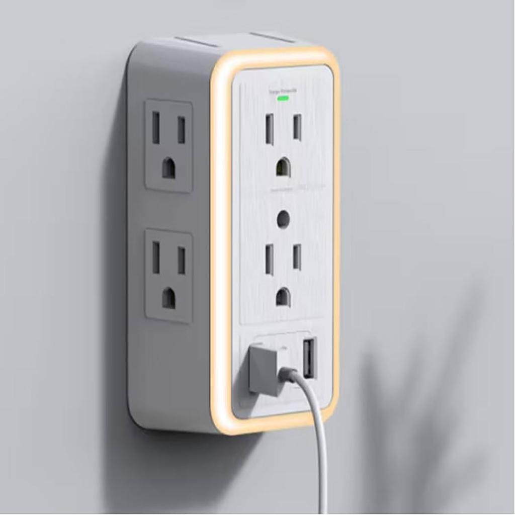 Multi Plug  Surge Protector, 6-Outlet Extender With 2 USB Charging Ports, USB-C And Night Light, 3-Sided Power Strip With Adapter Spaced Outlets