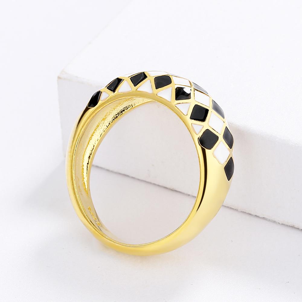 Anel feminino para anel preto e branco anel xadrez da moda anel feito à mão esmalte festa joias anel de noivado anel de casamento