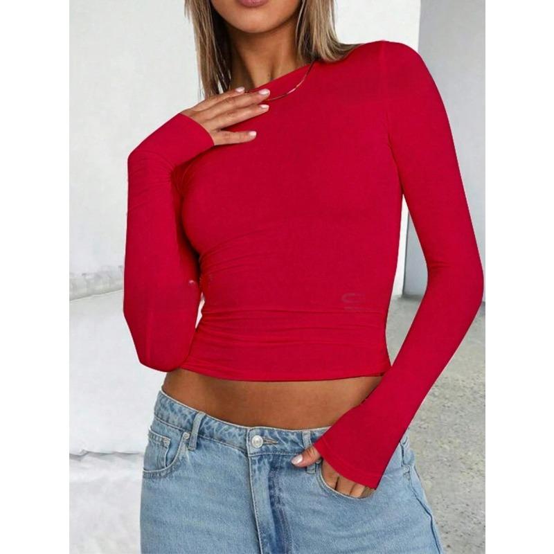 Women's New Solid Colour Slim Round Neck Short Long-sleeved Blouse
