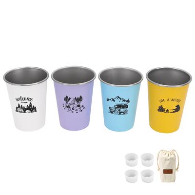BBQ Beer Mug Set, Stainless Steel Camping Mug Set with 4 Stainless Steel Picnic Cups for Beer, Coffee, Portable, Travel,