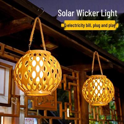 Retro Solar Bambusgeflecht Rattan Laterne: Hängelampe für Garten, Balkon, Hof