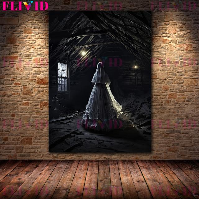 Dark Undead and Witch On Stairs and Penthouse Vintage Wall Art Oil Painting Horror Ghost and Devil Ai