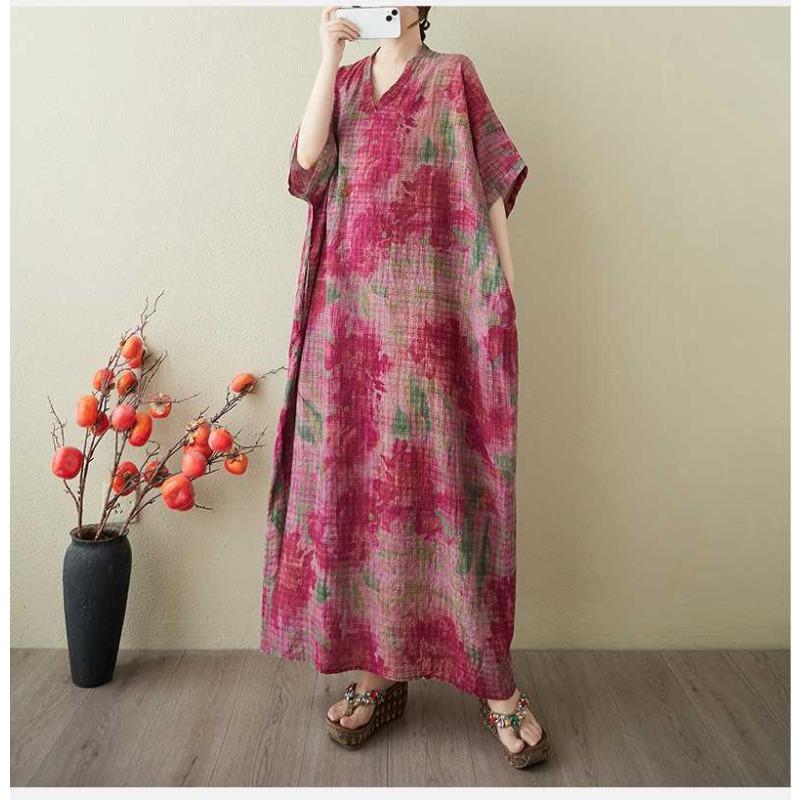 Women's Vintage Long Dress with Cotton and Linen Patterns