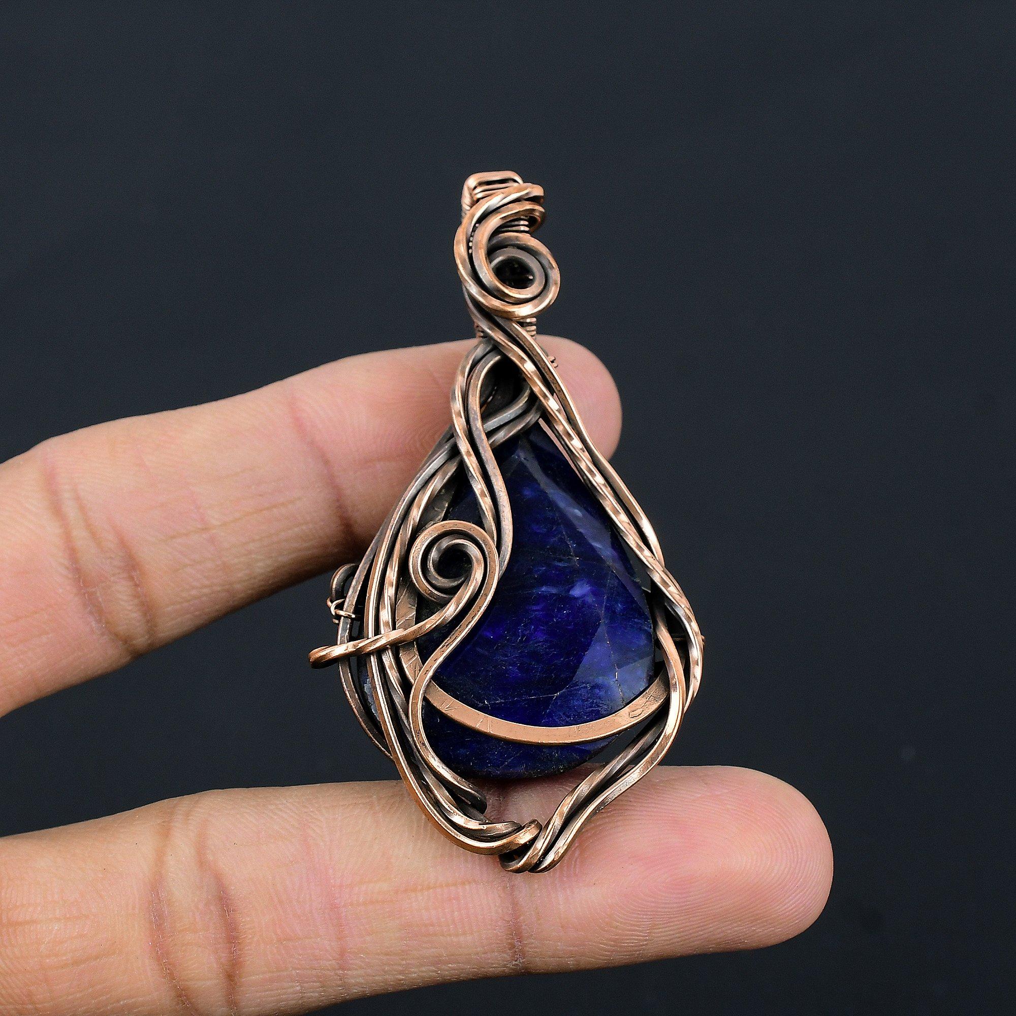 

Кулон с синим сапфиром, Кулон с драгоценным камнем ручной работы, Кулон, обернутый медной проволокой 999 пробы, Антикварное украшение, Для подарка на помолвку 2.55 Inches