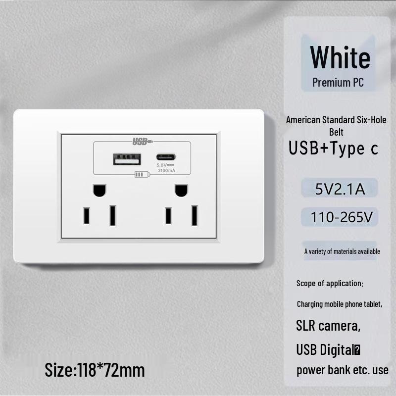 

Стандартна американська панель з розетками та перемикачами, 6 отворів, USB Type-C, 15A 110V-250V