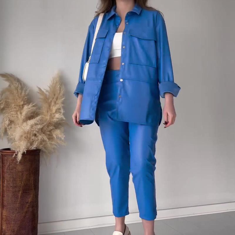 2024 Spring European & American Women's Fashion Solid Color Leather Casual Loose Long Pants Set