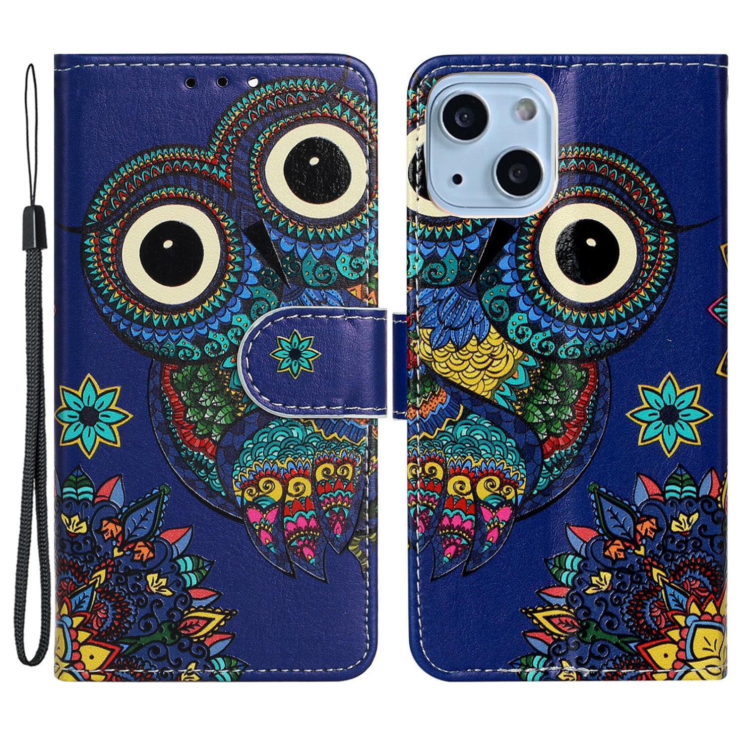 

Pattern Printing Leather Wallet Phone Case for iPhone 15,Drop-proof Phone Stand Cover Blue Owl