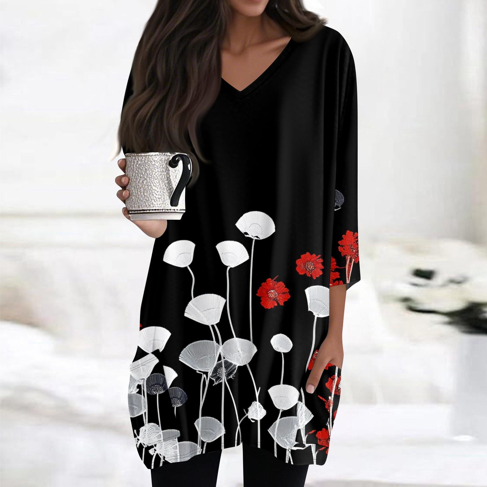 

Женские топы с V-образным вырезом и рукавом 3/4 Блузки Повседневные рубашки средней длины Модные принты Туники Топы с карманами XL белый