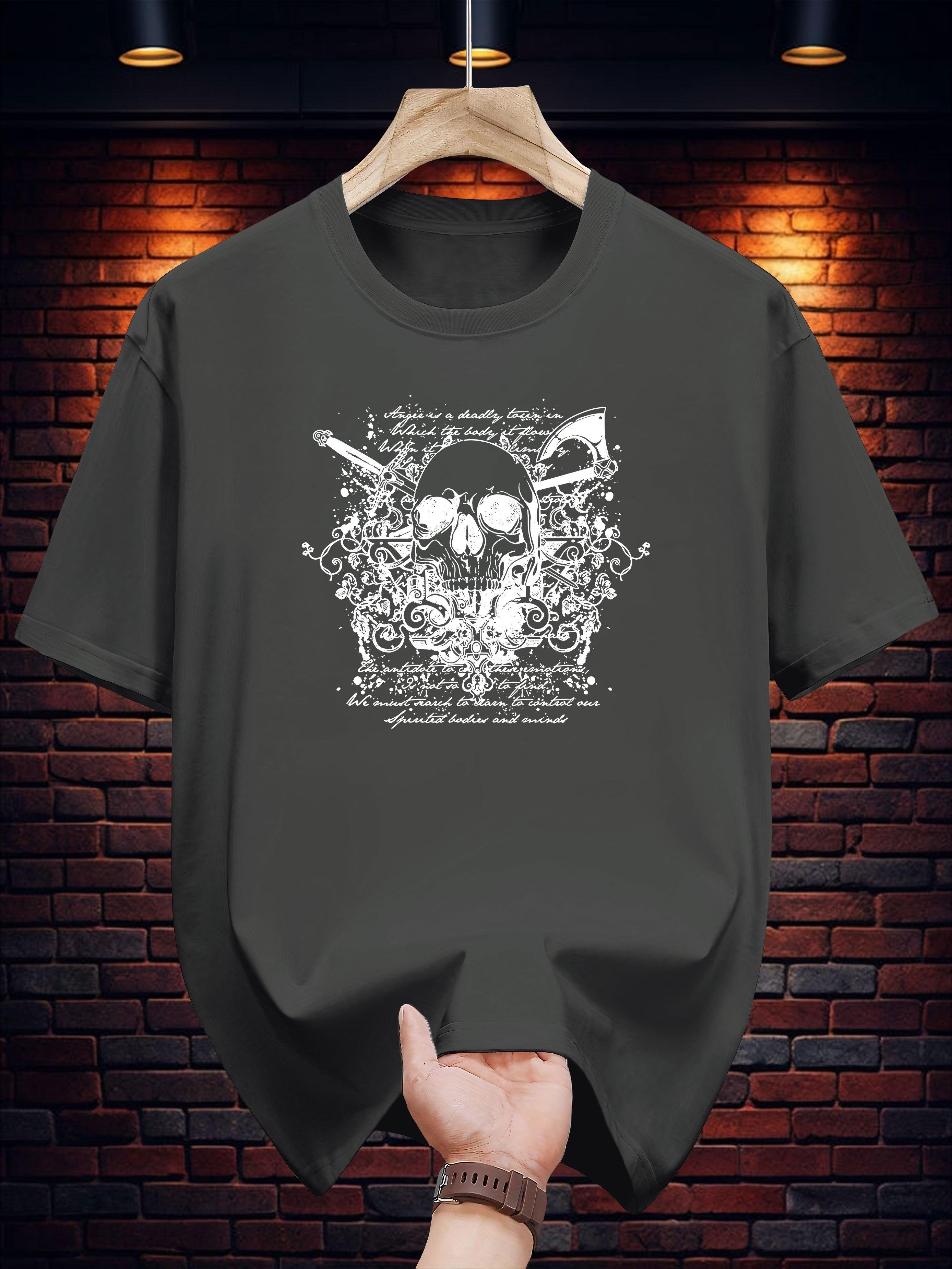 Graphic Print Short Sleeve T-shirt - Navy Blue Casual Summer Tee with Skull & Floral Design M