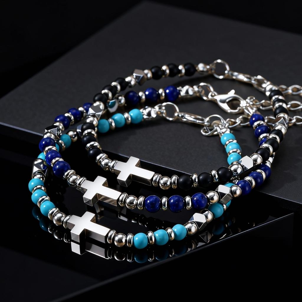 Vintage Klassisches Edelstahl-Kreuz Verstellbares Armband für Herren, Schwarzer Onyx Naturstein Perlenkette Armband, Trendiger Schmuck