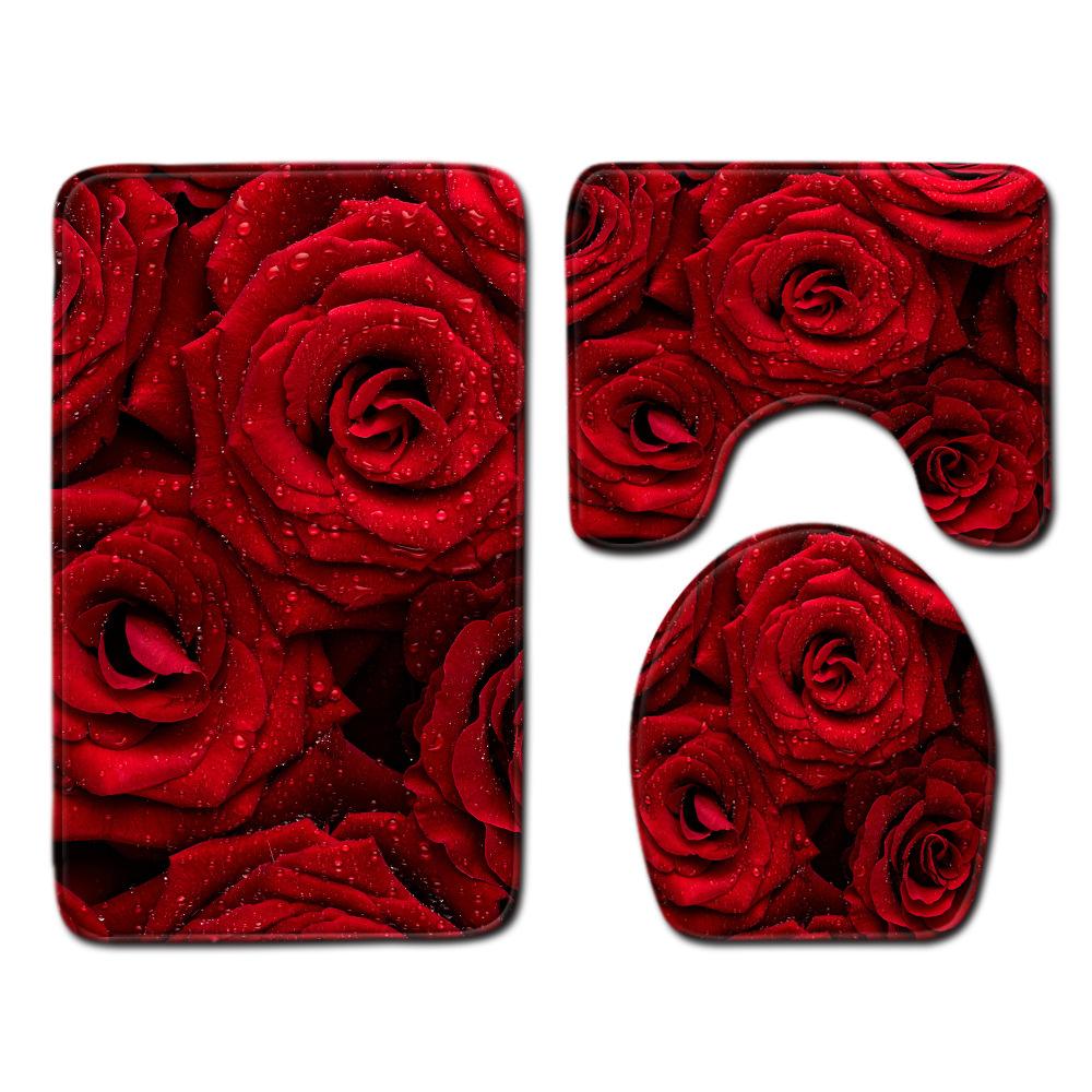 Rose Floor Mat Bathroom Mat Toilet Three-Piece Set