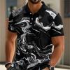 Mens 3D Marble Print Polo Shirt Loose Fit Short Sleeve Breathable Pique Cotton Casual Wear