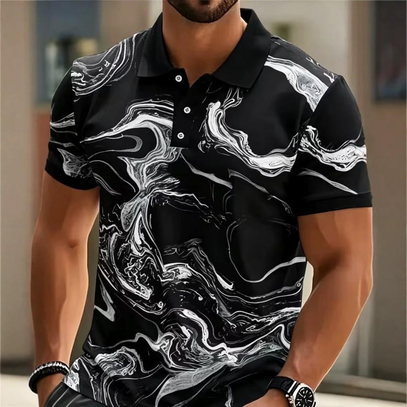 Mens 3D Marble Print Polo Shirt Loose Fit Short Sleeve Breathable Pique Cotton Casual Wear