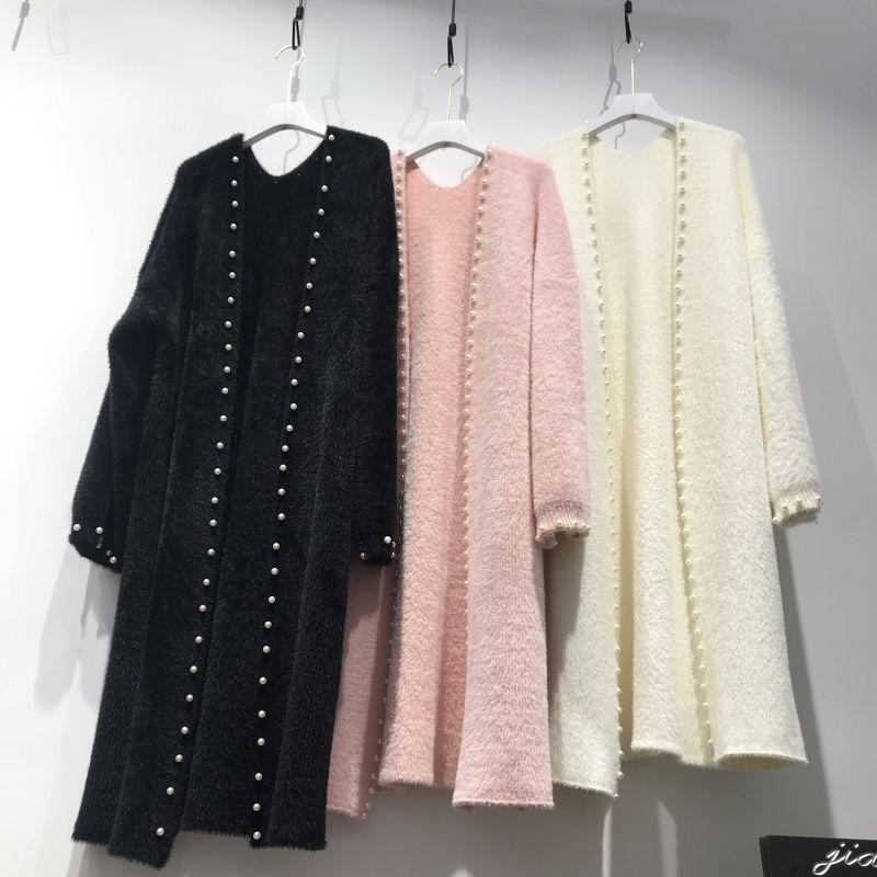 Women's Mink Fleece Cardigan Jacket Autumn and Winter Midi Beaded Knitted Cardigan Loose Casual Over-the-knee Knitted Sweater Coat
