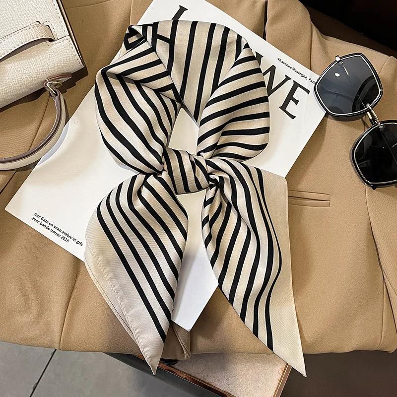 Luxury Skinny Square Scarf Women Stripe Print Neckerchief Hairband Lady Soft Satin Hijab Headband Bag Ribbon Foulard Office Gift