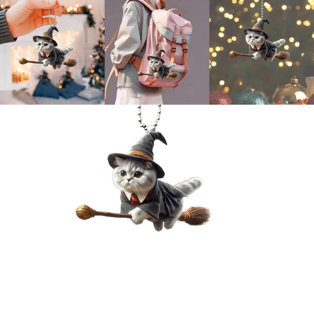 Acrylic Flat Surface Car Pendant With Magical Cat Riding Broom Design For Vehicle Interior Decor