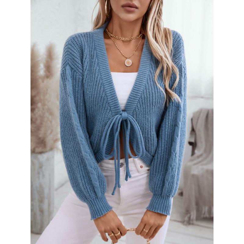 Women S V Neck Loose Solid Short Knit Cardigan With Tie