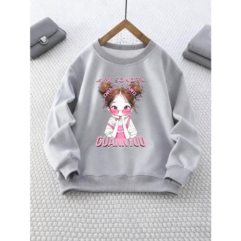 Girl's Crew Neck Sweatshirt with Cartoon Girl Print, Long Sleeve Top, Suitable for Outdoor Wear and Weekend Outings