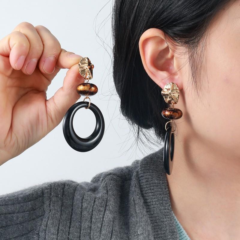 Geometric Wooden-Style Resin Earrings Women Hollow Out Vintage Boho Statement Drop With Leopard Print Detail