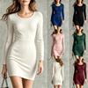 Fall Women's Solid Color Long Sleeve Crew Neck Bodycon Mini Dress, Slim Fit Sheath Dress, European American Style