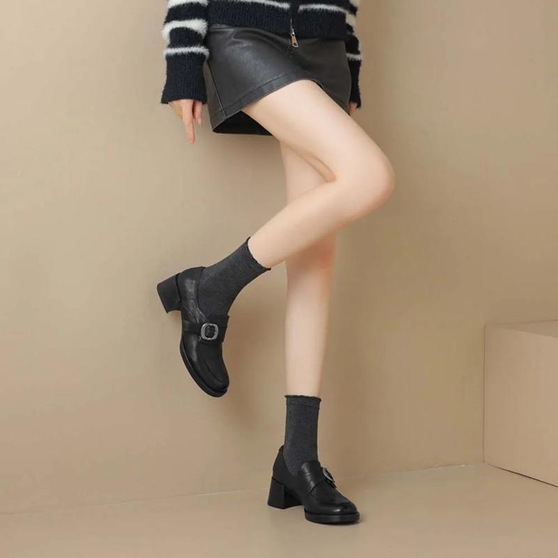 Women Leather Platform Loafers Fashion Slip On Chunky Shoes Retro Style Female Officel Pumps Moccasins Women's Mary Jane Shoes