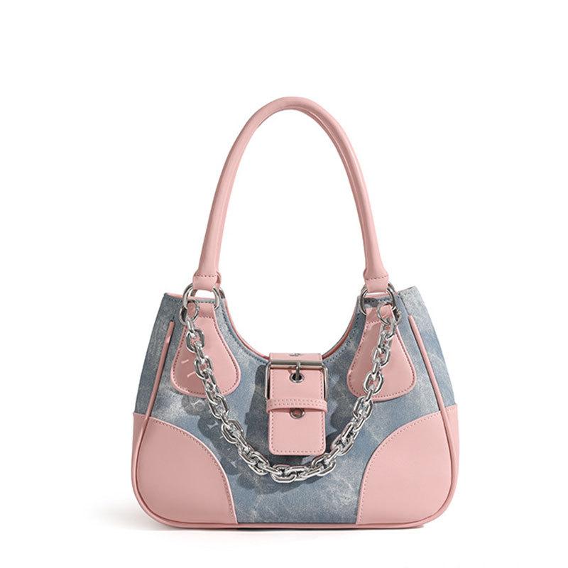 Preppy Stil Havalı Kız Metal Zincirli Punk Motosiklet Çapraz Askılı Çanta Omuz Postacı Çantası Ekleme Kumaş Vintage Kanvas PU Çanta