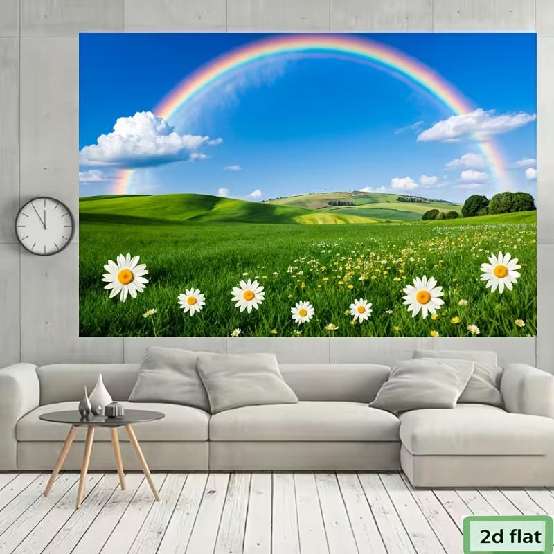 2D Flat Printing Sunny Prairie with Rainbow and Daisies Backdrop 47.2x31.5inch/120*80cm