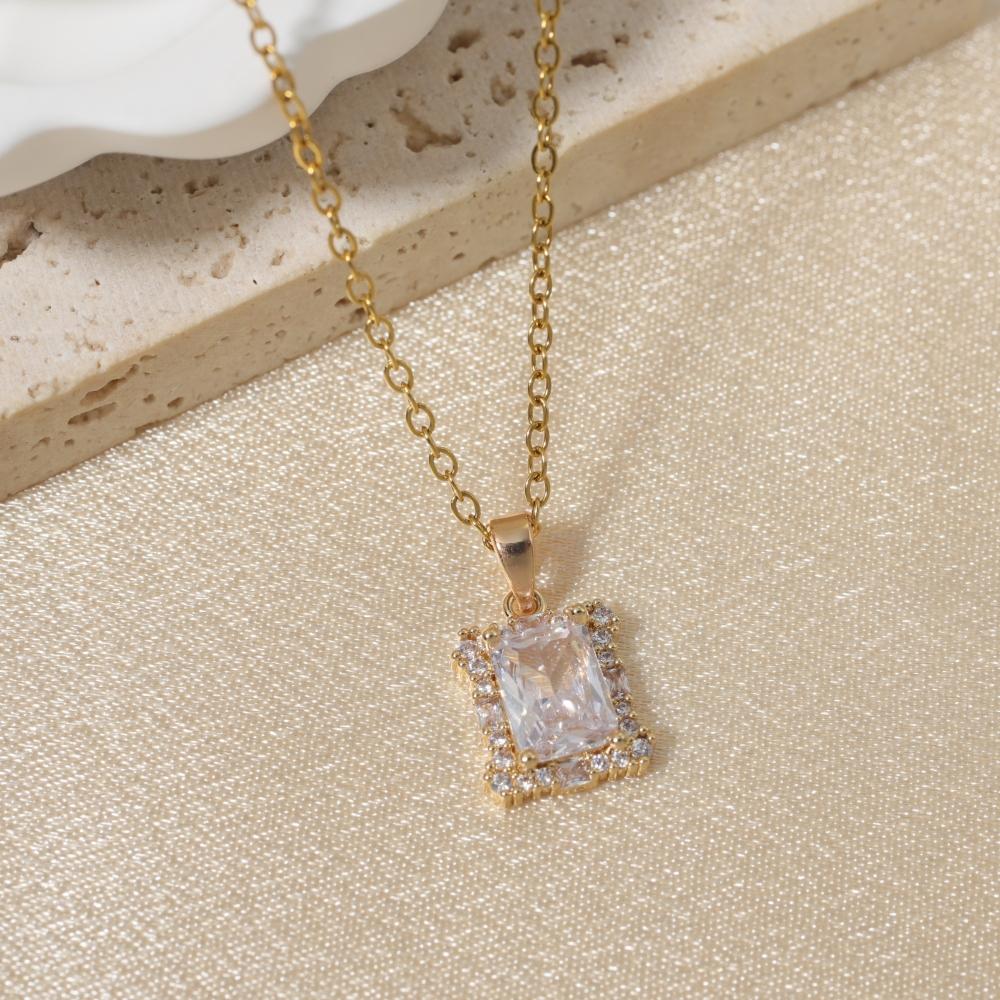Simple Square Zirconia Pendant Necklaces for Women Stainless Steel Jewelry Party Accessories