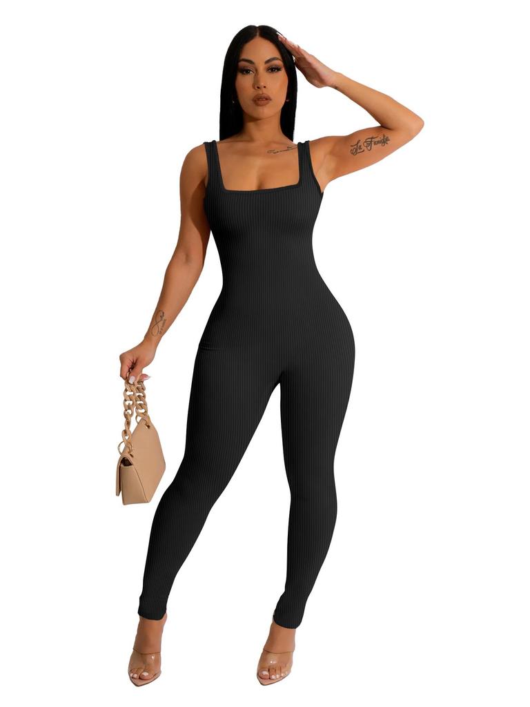 Women's Solid Color Ribbed Sleeveless Bodysuit: Square Neck, Backless, Hip-Lifting Slim-Fit Jumpsuit