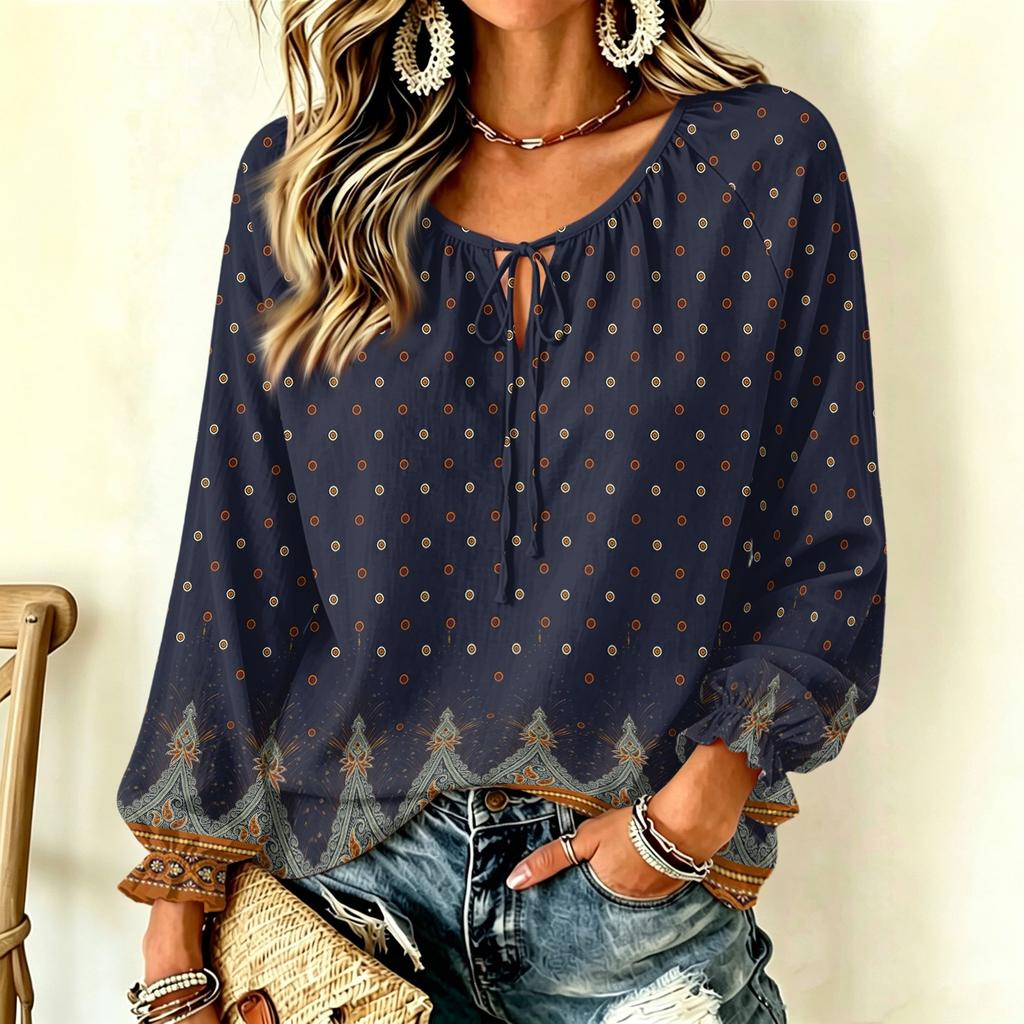 Damen Freizeit Vintage Blumendruck Langarm Rundhals Krawatte Rüsche Pullover Top