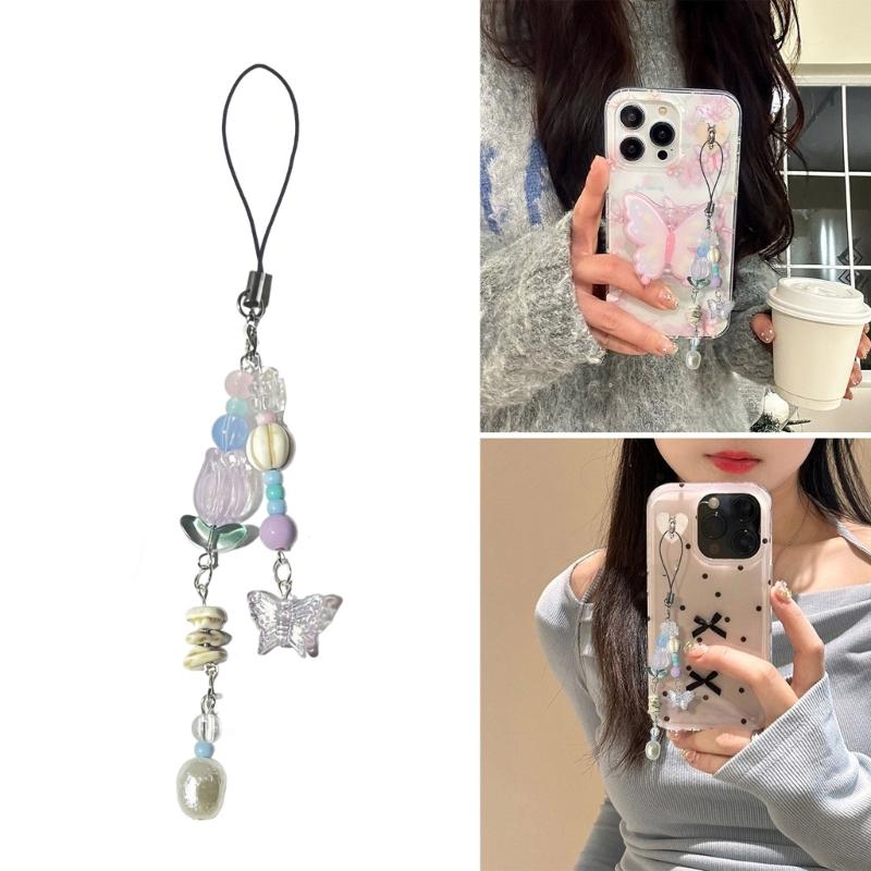 Unique Butterfly Phone Charm Fashionable Decorative Bead Keychain Lanyard Bag Pendant Accessory for Women Girls